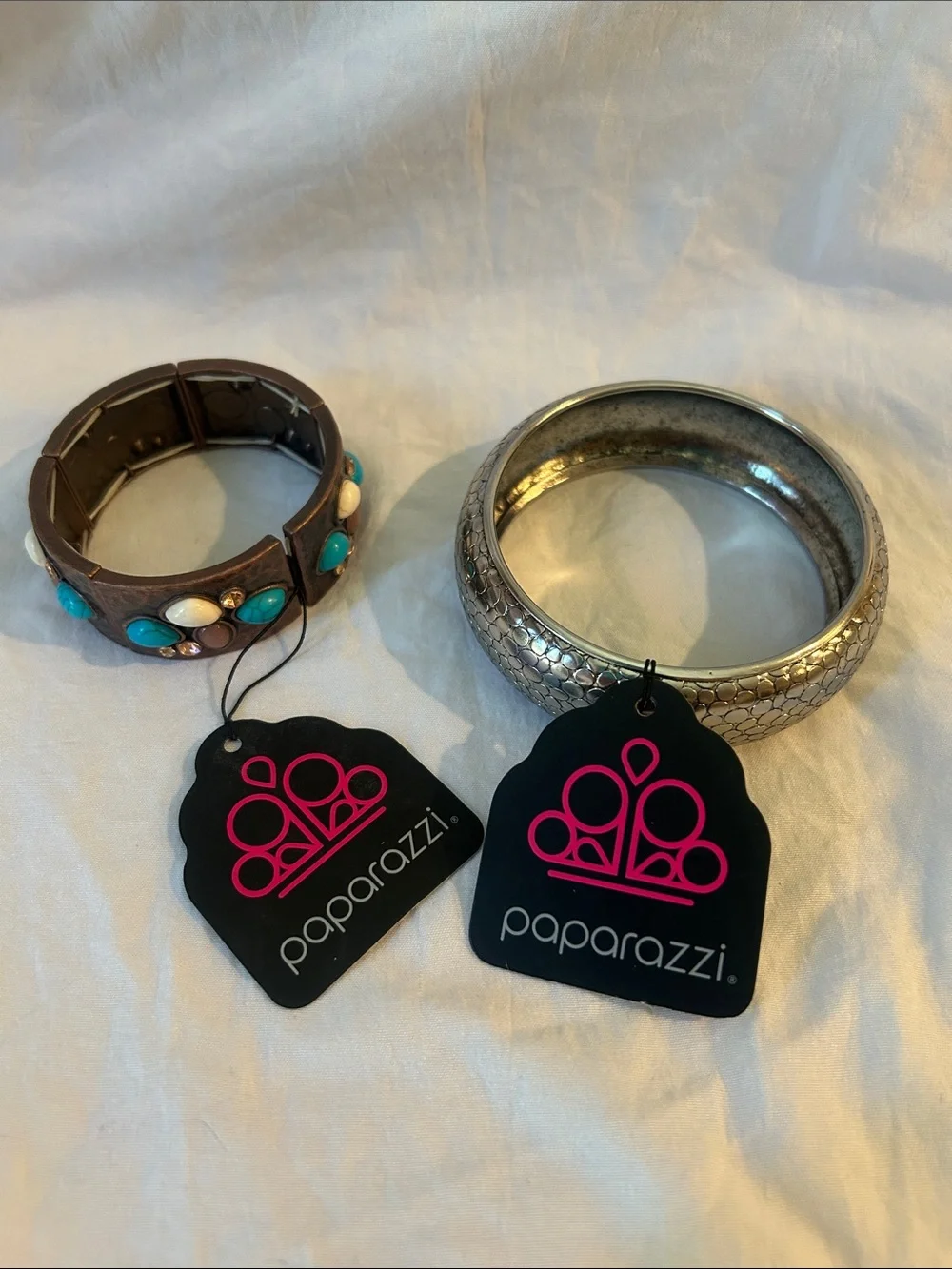 paparazzi Turquoise, Cream & Brown Cuff with Textured Silver Bangle
